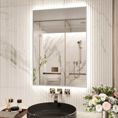 Immagine prodotto di Specchio da bagno a LED, 60x80 cm, cornice argentata, dimmerabile, 3 colori, antiappannamento, grado di protezione IP44