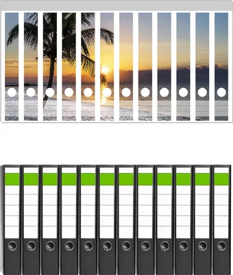 Produktbild von Wallario 12 Stück schmale Ordner inkl. Klebeetiketten mit Motive Palme am Strand - Sonnenuntergang über dem Meer -  Set mit Rückenschildern / Ordnerrücken Stickern