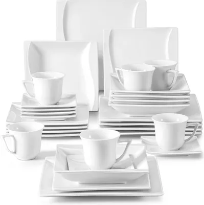Produktbild von MALACASA, CARINA Tafelservice, 30-tlg. Porzellan Geschirrset, Kombiservice mit Kaffeeservice, Suppenteller, Speiseteller, Cremeweiß