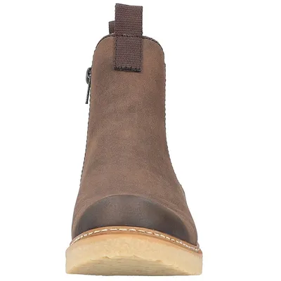 A front view of a brown Chelsea boot with a thick sole.