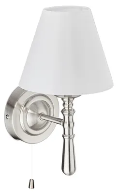 Produktbild von Relaxdays Wandlampe mit Schirm, innen, Zugschalter, Flur & Wohnzimmer, E14, Stoff, Metall, HBT 28x16x19 cm, silber/weiß