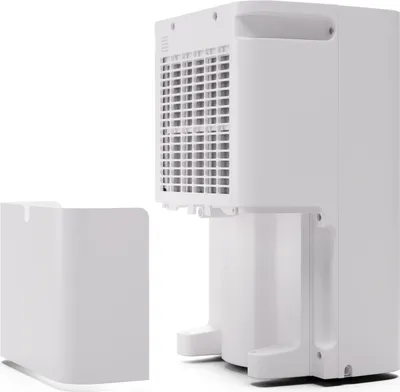 A white dehumidifier with its water collection tank detached, shown against a white background.