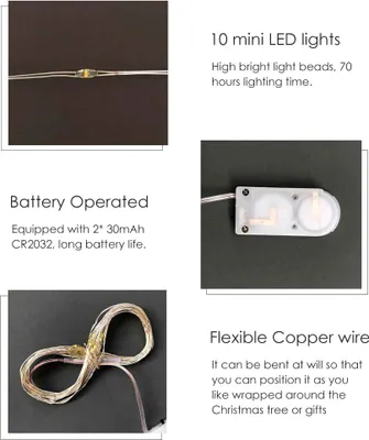 Productafbeelding van LED-lichtslinger met koperdraad, kerstverlichting, batterijbediend, geschikt voor binnen- en buitendecoratie, feestdagen, kerst, tuin, feestjes, cadeau. 1 meter, 10 lampjes