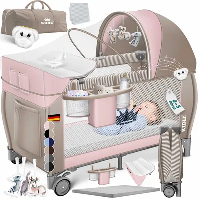 Produktbild von KIDIZ® Babybett Reisebett Kinderreisebett Faltbar mit Matratze 120x60, Seiteneingang, Wickelauflage, Mosktionetz, Spielbogen & Tragetasche Baby Beistellbett Kinderbett ab Geburt bis 15 kg