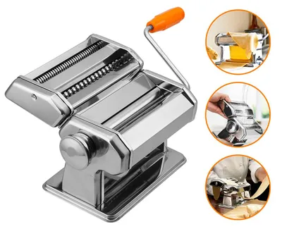 Zdjęcie produktu dla Maszyna do makaronu Ikodm ze stali nierdzewnej, 2 ostrza, 9 stopni grubości, ręczna, do lasagne i tagliatelle, srebrna