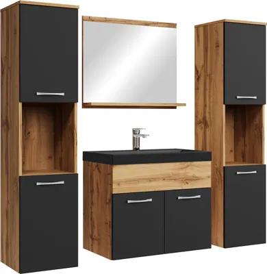Image de Meuble de salle de bain Montreal XL 60 cm lavabo Chene, noir mat, lavabo noir - Armoire de rangement Meuble lavabo evier Meubles