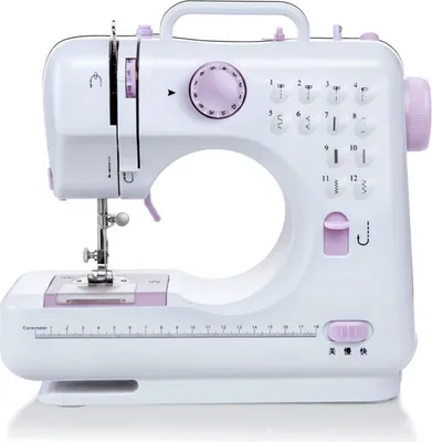 A white and purple electric sewing machine is shown from the front.
