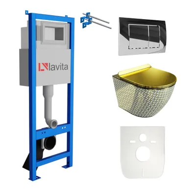 Produktbild von Lavita LAV 101 Vorwandelement für WC 40cm + Wand Hänge Tiefspül WC SOFI SLIM GOLDEN NEVER DIE Spülrandlos + Bedienplatte LAV 200.1.2 Verchromt | Komplettset | Unterputz Spülkasten | Toilette Komplett Sett