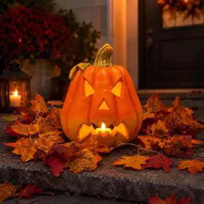 Produktbild von XXL Halloween-Kürbis Set 30 cm groß mit Herbstgirlande und LED-Teelicht