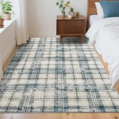 Imagen del producto de Alfombra con diseño geométrico - Alfombra rectangular - 100% poliéster - Base de goma antideslizante - Lavable a máquina - 120 x 170 cm - Azul