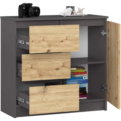 Image de Commode de 80 cm avec 3 tiroirs et 1 porte, buffet, armoire, meuble de rangement, hauteur 77 cm