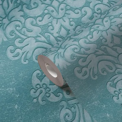 Produktbild von Vliestapete mit Ornamenten und einem glänzenden Metalliceffekt – Blau, Türkis