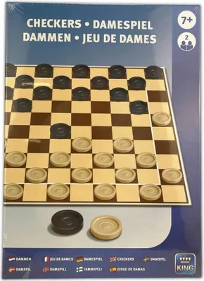 The image shows the packaging of a checkers board game. The front of the box is displayed, featuring the game board with pieces and the game's title in multiple languages.