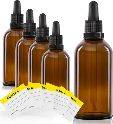 Produktbild von Oputec 5× 100ml Braunglas-Pipettenflaschen mit Glaspipette & 5 Etiketten – Tropfflaschen, Apothekerflaschen für ätherische Öle & Kosmetik