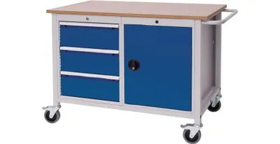 Produktbild von Werkbank B1250xT750xH935mm Buche Multiplex lichtgrau/signalblau 3 Schubl.1 Tür