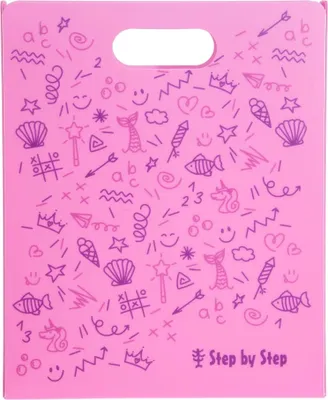 A pink folder with various doodles and the text 'Step by Step' at the bottom right.