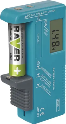 Produktbild von EMOS UNI Batterietester, Akkutester, Batterieprüfergerät, digital mit LCD Display, für AA, AAA, C, D, 9 V, Knopfzellenbatterien, N0322