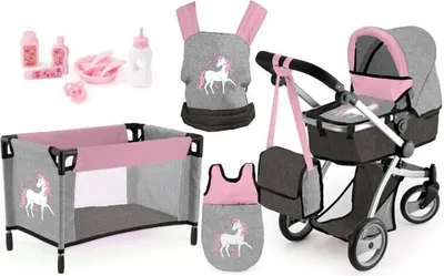 Produktbild von Bayer Design 18333AC Kombi-Puppenwagen Mega Set, wandelbar, höhenverstellbar, Zubehör, Reisebett, Trage, Schlafsack, jeans-grau, rosa, Einhorn