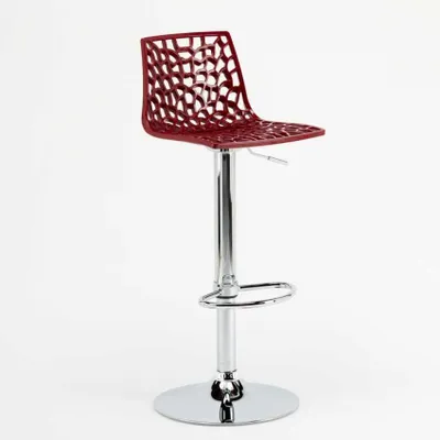 A red bar stool with a chrome base and adjustable height, shown against a white background.