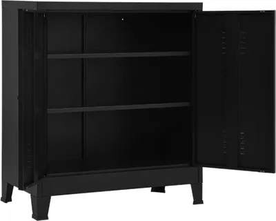 An open black metal storage cabinet with shelves.