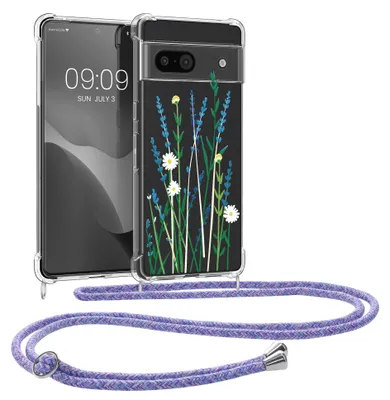 Produktbild von kwmobile Necklace Case kompatibel mit Google Pixel 8a Hülle - Silikon Cover mit Handykette - Lavendel Grün Transparent Blumenhalme Lavendel