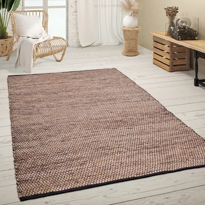 Produktbild von Teppich Wohnzimmer Kurzflor Jute Handgewebt Meliertes Ethno Muster Naturfaser Grösse 60x100 cm