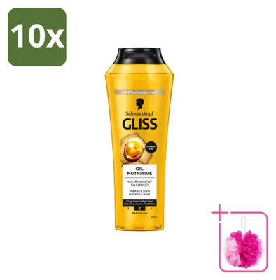 Imagen del producto de 10 champús nutritivos Schwarzkopf Gliss Oil para cabello seco, 250 ml cada uno. Pack ahorro de 10 unidades