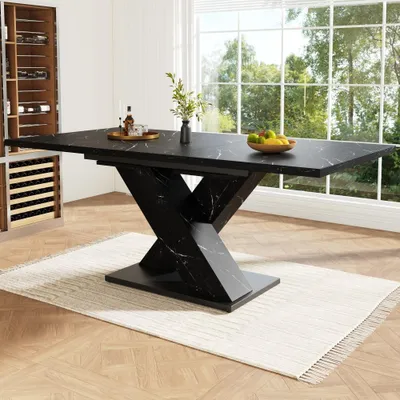 Produktbild von Moderner Esstisch in Marmoroptik mit Erweiterungsfunktion und X-Design, für Küche und Esszimmer, stabiler Metallrahmen, 4-6 Personen, Schwarz