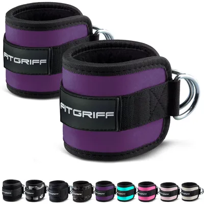 Zdjęcie produktu dla FITGRIFF® Pętle na kostki V1 (wyściełane) - do treningu fitness na maszynach kablowych - (2 sztuki). Opaski na kostki dla kobiet i mężczyzn (fioletowe)