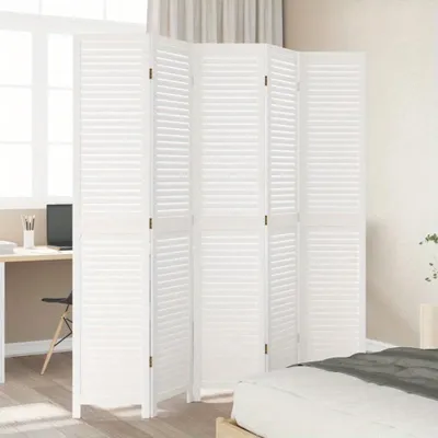 Image de Paravent à cinq panneaux - en bois massif - blanc - pour l'intimité et la décoration