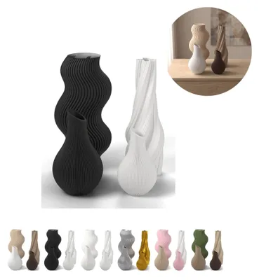 Produktbild von Deko Vasen Set, 4 gerippte Vasen bis 18,4 cm aus PLA, 6 Farbmixe – Schwarz