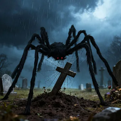 Gruselige Halloween-Spinne, 150 cm, schwarz, mit roten Augen