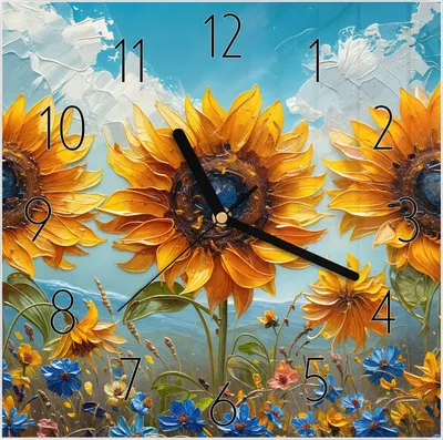 Produktbild von Wanduhr aus Glas mit Motiv Sonnenblumenwiese- 30 x 30 cm - inkl. Aufhängesystem