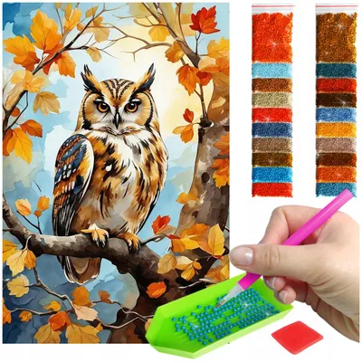 Zdjęcie produktu dla Haft diamentowy ARTULIO - Sowa na gałęzi jesienią - 60 x 40 cm - Diamond painting, Kompletny zestaw: mozaika + akcesoria