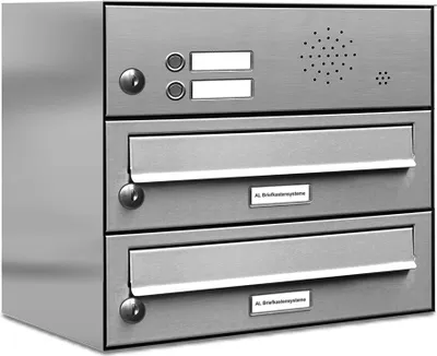 A stainless steel mailbox system with two mail slots and an intercom panel.