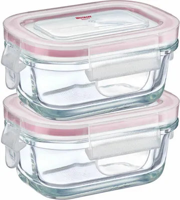 Two glass food storage containers are stacked on top of each other against a white background.