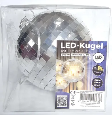 Produktbild von LED Kugel Lichterkette Batterie Discokugel 6 Stunden Timer 15cm silber