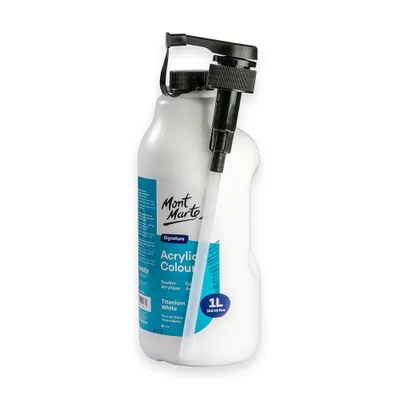 Produktbild von Mont Marte Acrylfarbe Weiß 1L Flasche – hochdeckend & wasserbasiert – super Lichtechte Farbe mit großer Deckkraft – für Leinwand, Ton, Holz, Stein