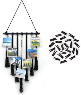 Produktbild von Wand-Fotorahmen mit Fotohalterungsclips, Makramee-Wand-Fotodisplay, Wanddekoration, Schwarz