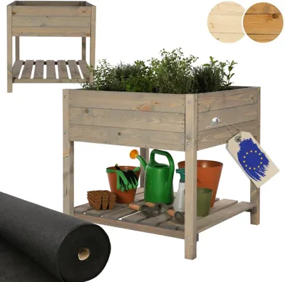 Image de MODO24 Jardinière surélevée en bois, avec compartiment de rangement, bac à fleurs sur pieds, jardinière, bois de pin, résistante aux intempéries, balcon, jardin, 78 x 78 x 78 cm, gris, OBM