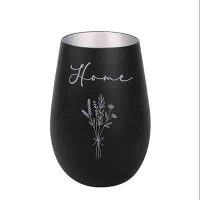 Produktbild von Windlicht Schwarz Silber mit 'Home' Gravur, handgraviert, Höhe 120mm, Ø 85mm