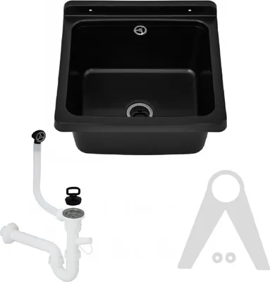 A black sink basin and its associated plumbing parts are displayed against a white background.