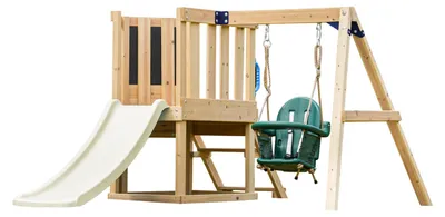 Produktbild von AXI Timo Klettergerüst aus Holz in Braun mit Rutsche in Creme Weiß | Spielturm / Spielplatz für Kinder mit Babyschaukel, Kletterwand und Tafel | Spielgerät für den Garten