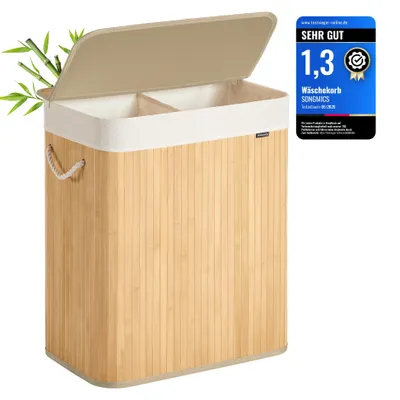 Produktbild von SONGMICS Wäschekorb 2 Fächer, 100 L, mit Deckel, faltbar, Bambus – Größe 100 L (2 Fächer), Naturfarben