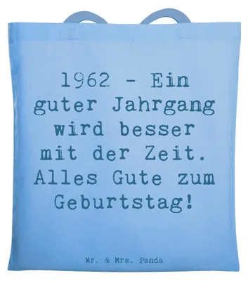 Produktbild von Mr. & Mrs. Panda Tote Bag Spruch 1962 Geburtstag - Sky Blue - Geschenk, Shopping Tasche, Geburtsjahr, Uni, Happy Birthday, dokumententasche, Jubiläum, humorvoller, Alter