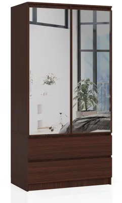 Produktbild von Kleiderschrank – Schlafzimmerschrank 2 Türen mit Kleiderstange – 90 cm – Dunkelbraun – Funktionaler Drehtürenschrank mit Spiegel und 2 Schubladen