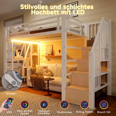 Image de OKWISH Lit mezzanine 90×200 avec étagères et éclairage LED, lit pour adolescent avec marches intégrées, lit simple blanc, sans matelas