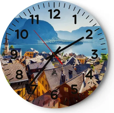 Produktbild von Wanduhr - Rund - Glasuhr - Berge See Wasser - 30x30cm - Schleichendes Uhrwerk - Lautlos - zum Aufhängen bereit - Dekoration Modern - Wanddekoration aus Glas - C4AR30x30-3955