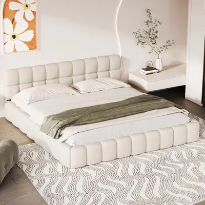 Zdjęcie produktu dla UnboxG Łóżko tapicerowane 160x200cm z ramą z listew i tapicerowanymi bokami, łóżko podwójne z tapicerowanym zagłówkiem, łóżko młodzieżowe z pościelą, łóżko podwójne, beżowe