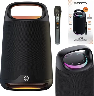A collage of images showing a portable Bluetooth speaker with a microphone and its packaging.
